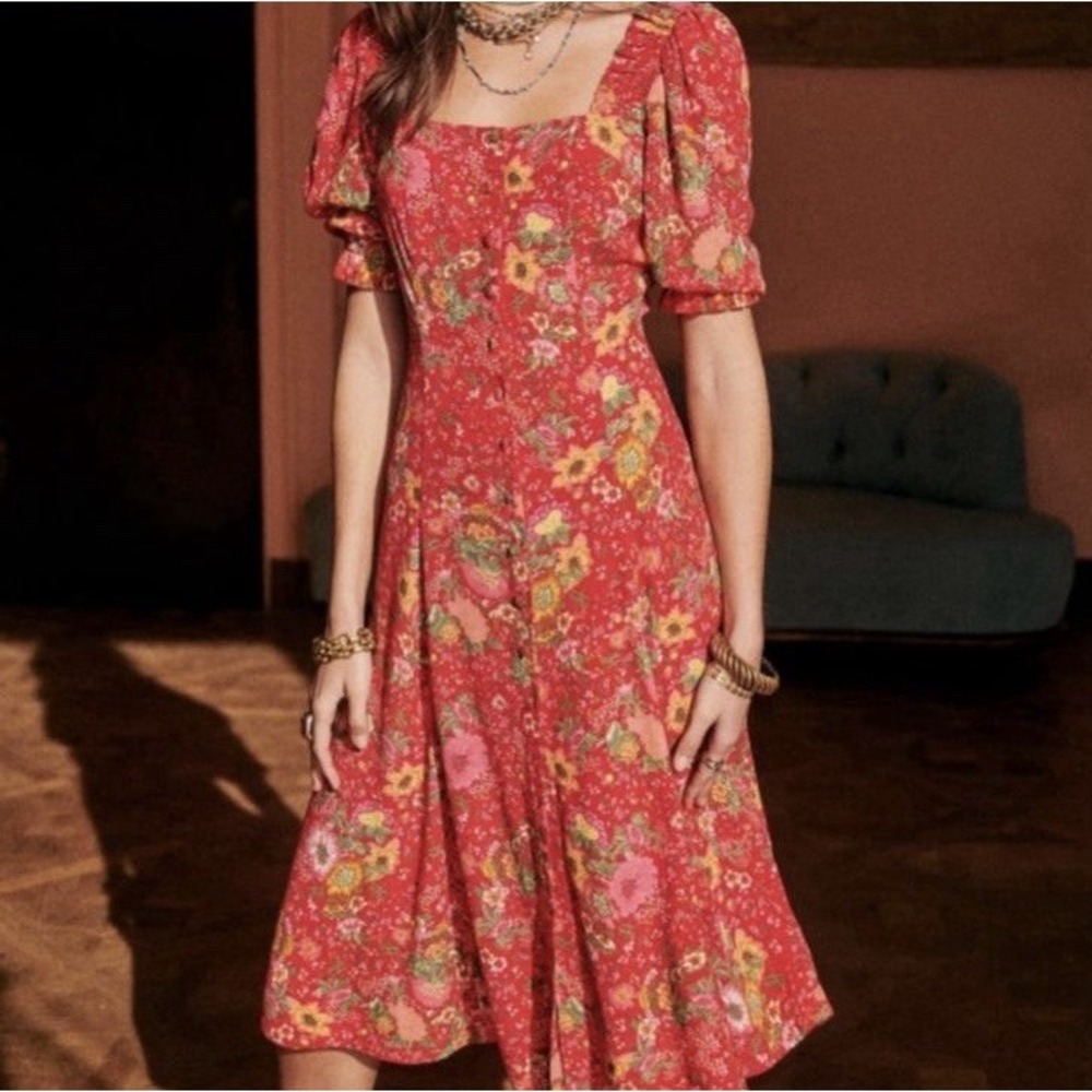 Sezane Winona Floral Midi Dress Red Puff Sleeve Cottagecore Boho 42 US 10